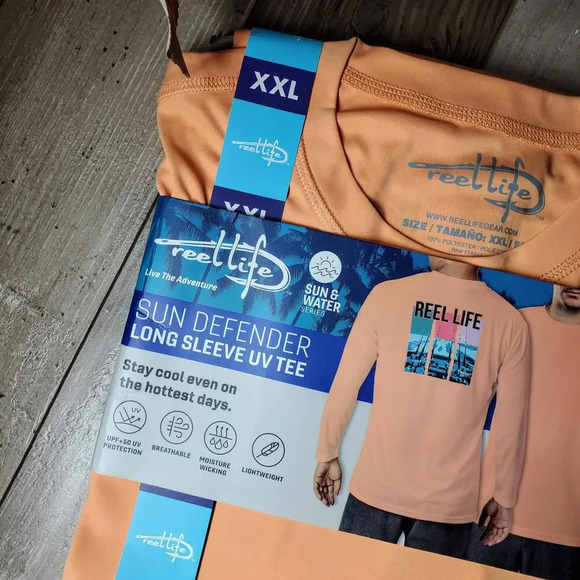 NWT Reel Life Men's Size XXL Sun Defender Long Sleeve UV Tee Apricot Wash - Picture 7 of 14